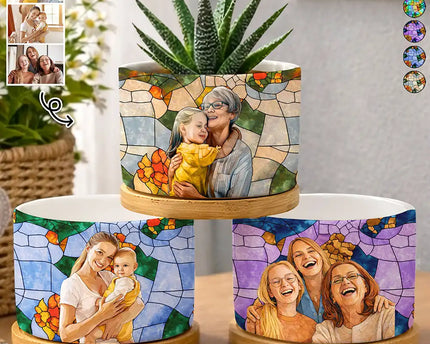 Custom Photo Stained Glass Portrait Mom Grandma Parents Family - Personalized Ceramic Plant Pot