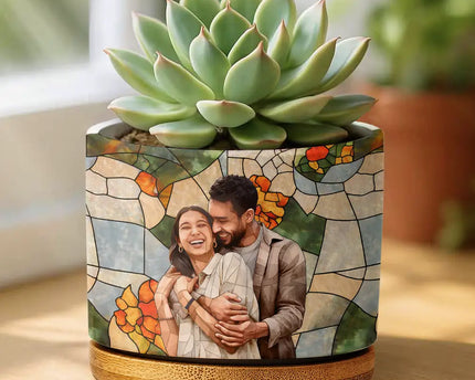 Custom Photo Stained Glass Portrait Mom Grandma Parents Family - Personalized Ceramic Plant Pot