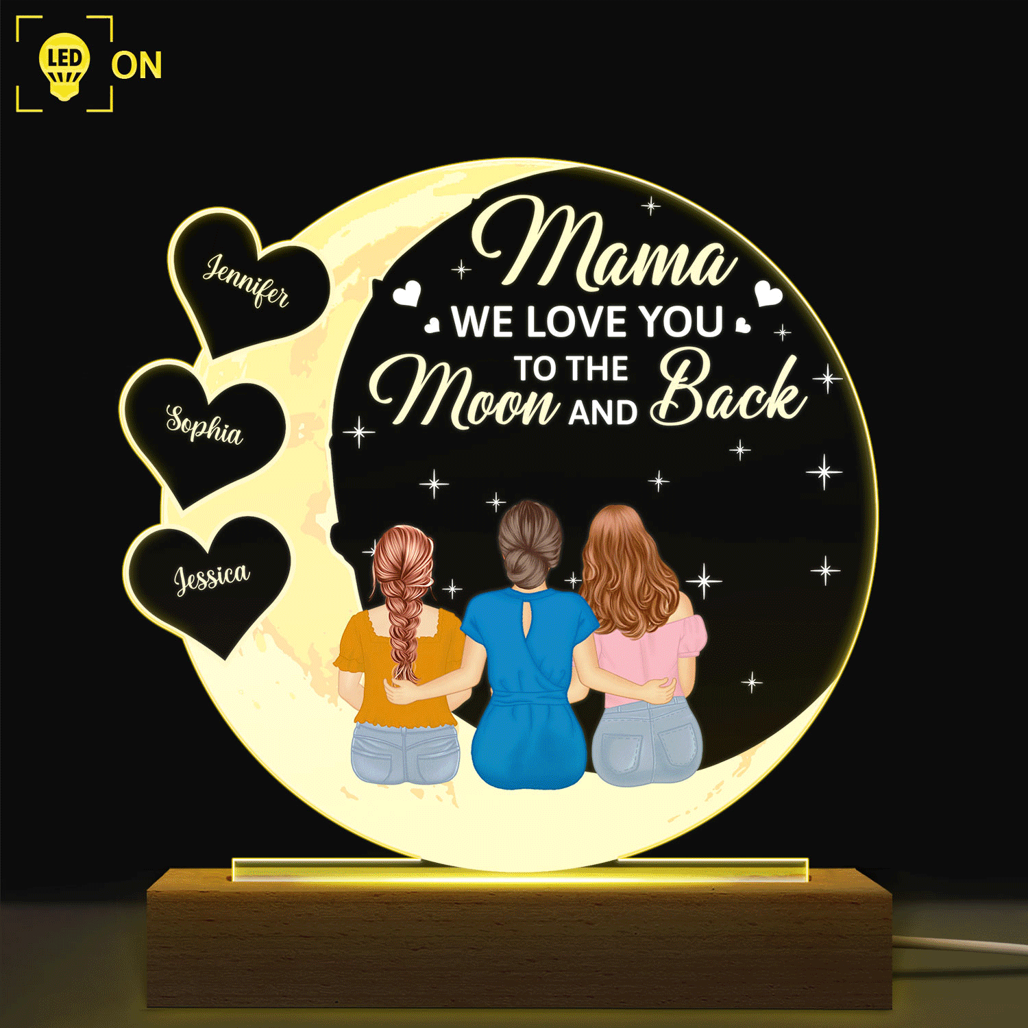 Mom We Love You To The Moon And Back - Personalized 3D Led Light Wooden Base