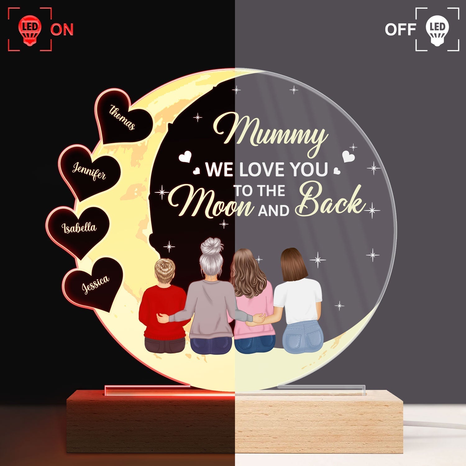Mom We Love You To The Moon And Back - Personalized 3D Led Light Wooden Base