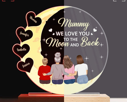Mom We Love You To The Moon And Back - Personalized 3D Led Light Wooden Base