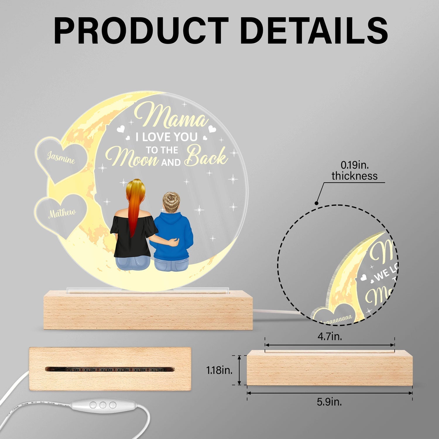 Mom We Love You To The Moon And Back - Personalized 3D Led Light Wooden Base