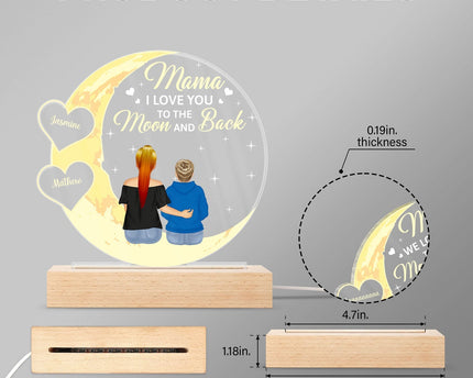 Mom We Love You To The Moon And Back - Personalized 3D Led Light Wooden Base