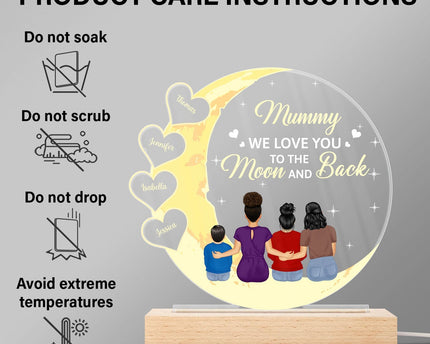 Mom We Love You To The Moon And Back - Personalized 3D Led Light Wooden Base