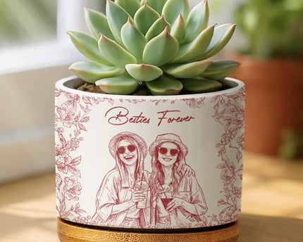 Custom Photo Pencil Sketch A True Friendship Is A Journey Without An End - Personalized Ceramic Plant Pot