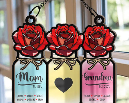 Flower Mason Jar Mom Grandma Great Grandma - Personalized Window Hanging Suncatcher Ornament