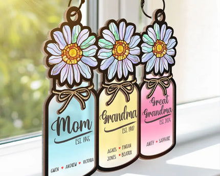 Flower Mason Jar Mom Grandma Great Grandma - Personalized Window Hanging Suncatcher Ornament