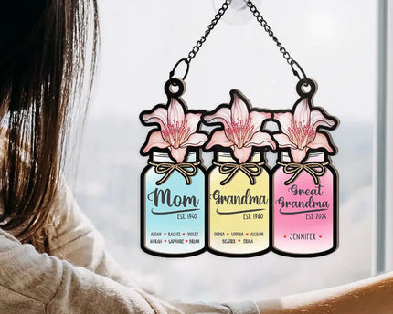Flower Mason Jar Mom Grandma Great Grandma - Personalized Window Hanging Suncatcher Ornament