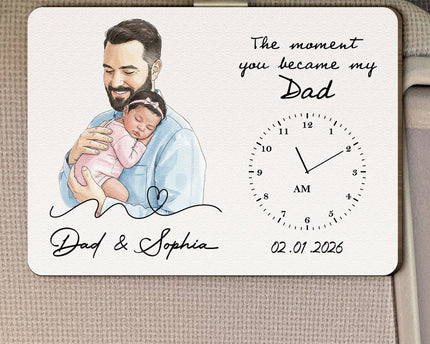 The Moment You Became My Dad Custom Photo Watercolor Father's Day Gift For New Dad - Personalized Car Visor Clip
