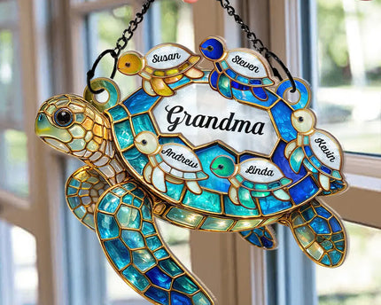 Turtle Stained Glass Mom Grandma - Personalized Window Hanging Suncatcher Ornament