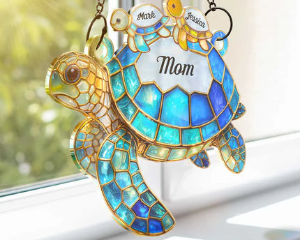 Turtle Stained Glass Mom Grandma - Personalized Window Hanging Suncatcher Ornament