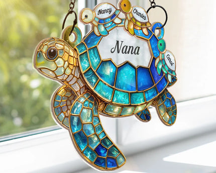 Turtle Stained Glass Mom Grandma - Personalized Window Hanging Suncatcher Ornament