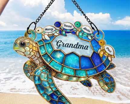 Turtle Stained Glass Mom Grandma - Personalized Window Hanging Suncatcher Ornament