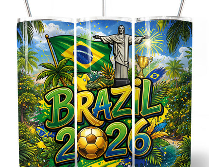 Brazil 2026 Soccer Cup Global Championship 20oz Tumbler With Lid and Stainless Steel Straw, Fans Football Gift Cup