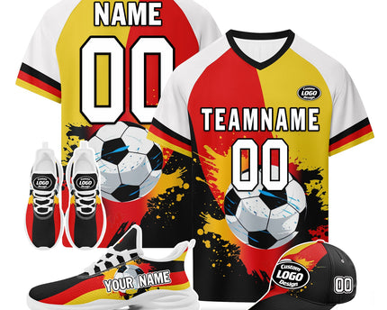 Custom Germany 2026 World Cup Jersey Sneakers Sports Shoes and Hat Combo Offer - Yellow/White