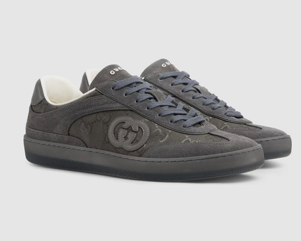 Men's Gucci G75 Logo-Appliquéd Leather-Trimmed Suede Grey Sneakers