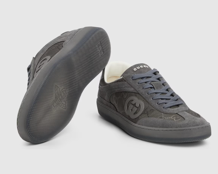 Men's Gucci G75 Logo-Appliquéd Leather-Trimmed Suede Grey Sneakers