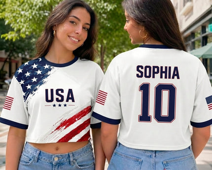 Custom Women's USA 2026 Jersey Crop Tee - Personalized Name And Number Soccer Shirt