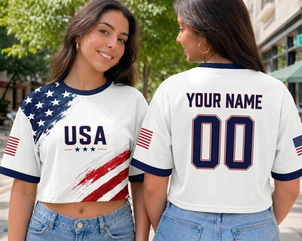 Custom Women's USA 2026 Jersey Crop Tee - Personalized Name And Number Soccer Shirt