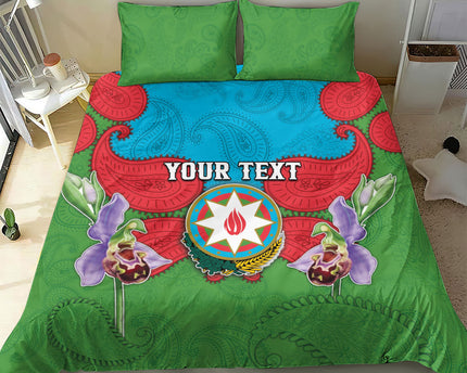Personalized Azerbaijan Bedding Set Khari Bulbul Buta Pattern Emblem Flame