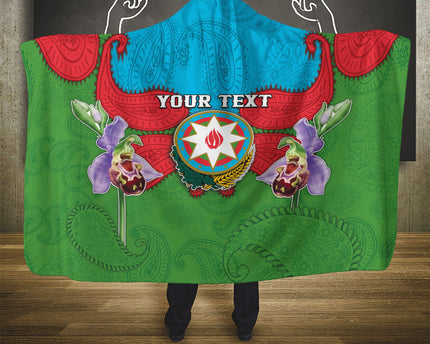 Personalized Azerbaijan Hooded Blanket Khari Bulbul Buta Pattern Emblem Flame