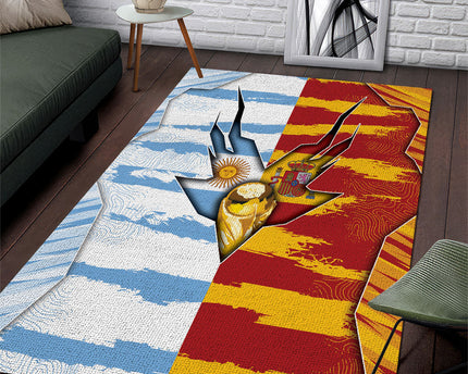 Argentina And Spain Football Area Rug Split Flag Golden Trophy Grunge