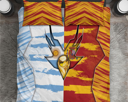 Argentina And Spain Football Bedding Set Split Flag Golden Trophy Grunge