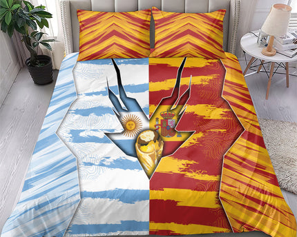 Argentina And Spain Football Bedding Set Split Flag Golden Trophy Grunge