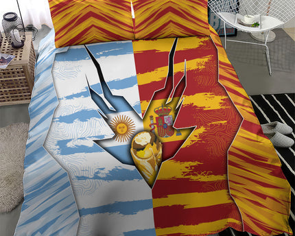 Argentina And Spain Football Bedding Set Split Flag Golden Trophy Grunge