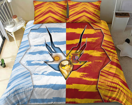 Argentina And Spain Football Bedding Set Split Flag Golden Trophy Grunge