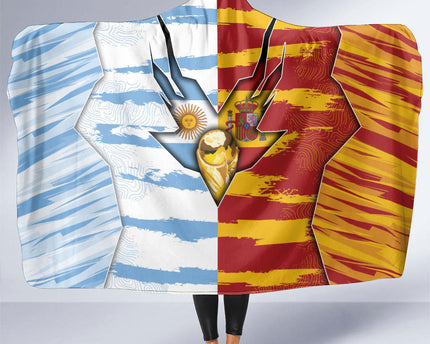 Argentina And Spain Football Hooded Blanket Split Flag Golden Trophy Grunge