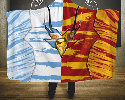 Argentina And Spain Football Hooded Blanket Split Flag Golden Trophy Grunge
