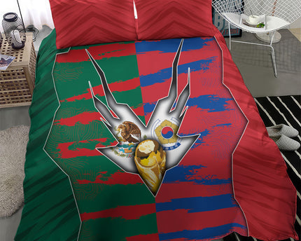 Mexico And Korean Football Bedding Set Split Flag Golden Trophy Grunge