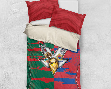 Mexico And Korean Football Bedding Set Split Flag Golden Trophy Grunge