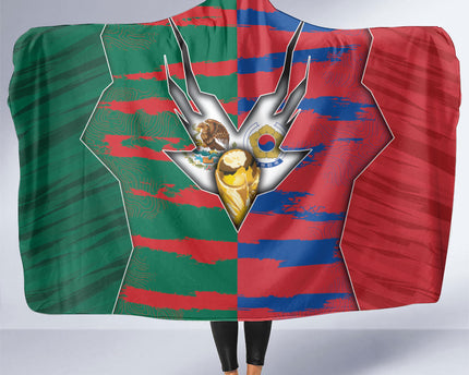 Mexico And Korean Football Hooded Blanket Split Flag Golden Trophy Grunge