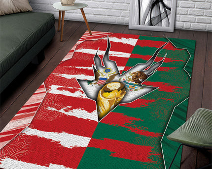 USA And Mexico Football Area Rug Split Flag Golden Trophy Grunge