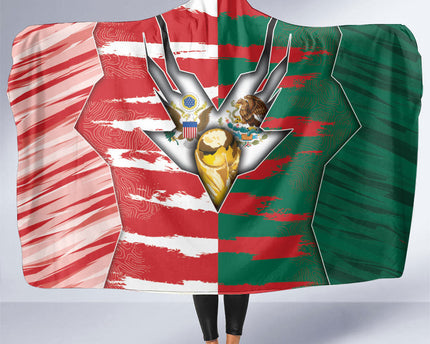 USA And Mexico Football Hooded Blanket Split Flag Golden Trophy Grunge