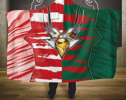 USA And Mexico Football Hooded Blanket Split Flag Golden Trophy Grunge