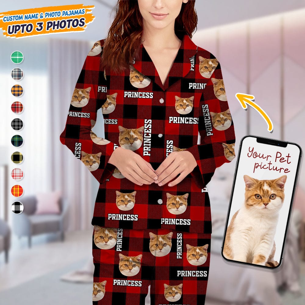 Custom Dog Cat Face Photo And Name Flannel Pajamas