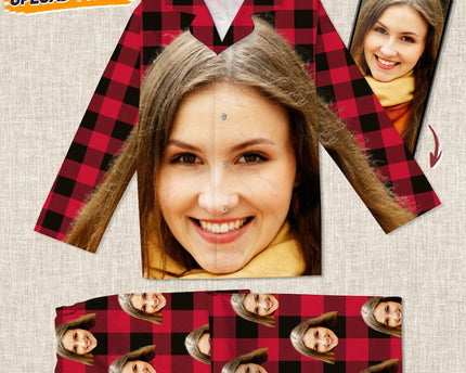Custom Photo Portrait Face With Christmas Accessories Flannel Pajamas