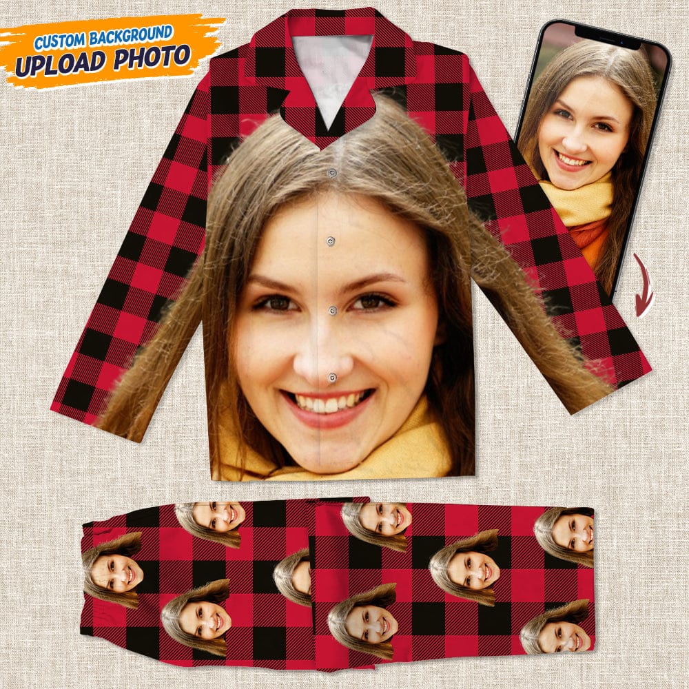 Custom Photo Portrait Face With Christmas Accessories Flannel Pajamas