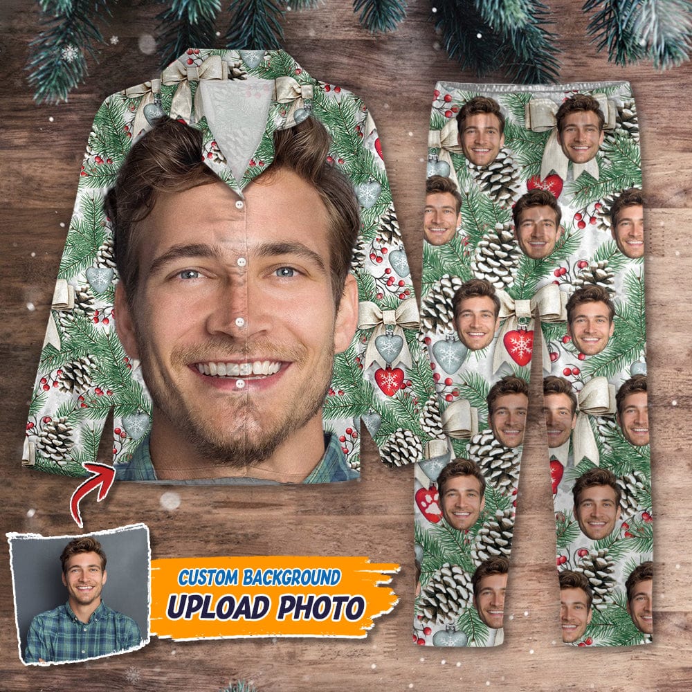 Custom Photo Portrait Face With Christmas Accessories Flannel Pajamas