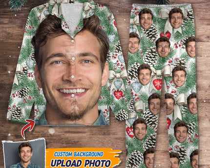 Custom Photo Portrait Face With Christmas Accessories Flannel Pajamas