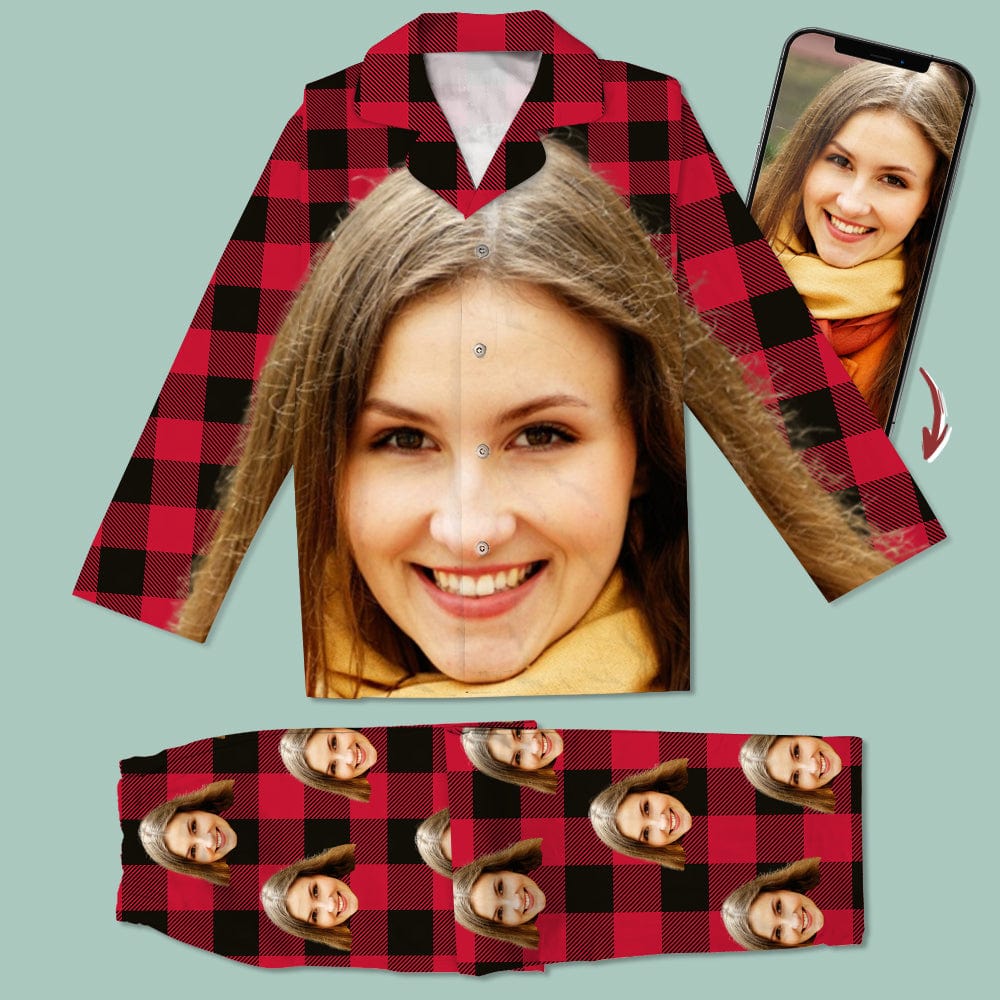 Custom Photo Portrait Face With Christmas Accessories Flannel Pajamas