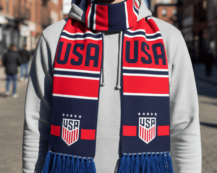 USA Scarf World Cup 2026 Heritage Style With Soft Navy Tassels