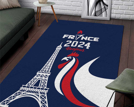 France 2024 Bonjour Area Rug Eiffel Tower Gallic Rooster