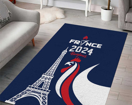 France 2024 Bonjour Area Rug Eiffel Tower Gallic Rooster