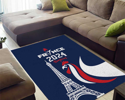 France 2024 Bonjour Area Rug Eiffel Tower Gallic Rooster