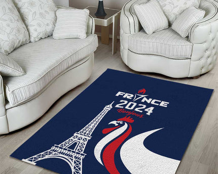France 2024 Bonjour Area Rug Eiffel Tower Gallic Rooster