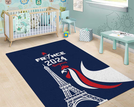 France 2024 Bonjour Area Rug Eiffel Tower Gallic Rooster